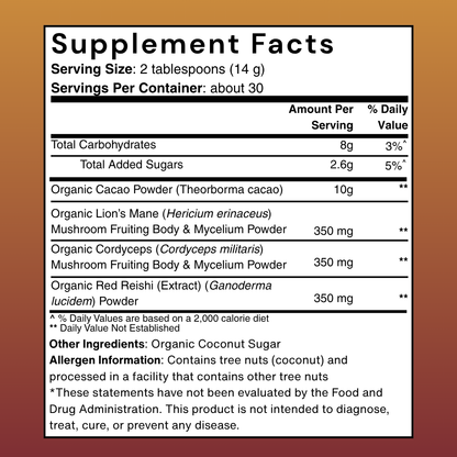 Supplement facts label with detailed nutritional information for Kokoflow on a brown/red gradient background